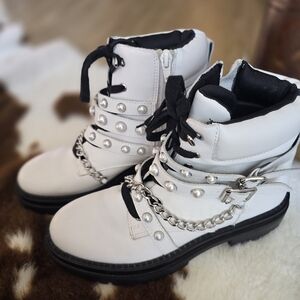 White Pearl-Accent Combat Boots for Women